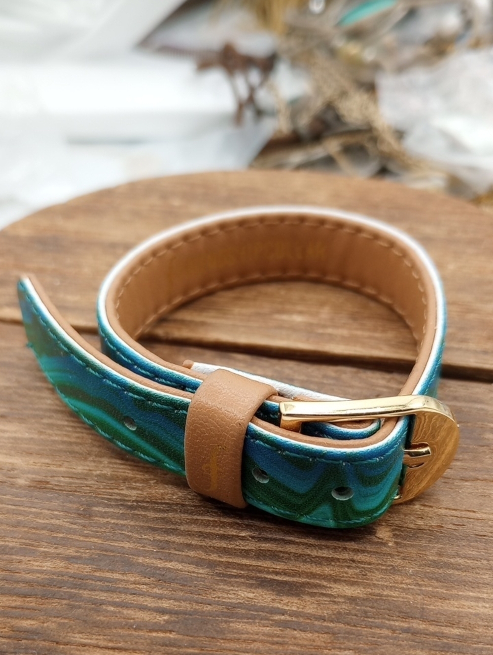 FriendshipCollar Teal & Green Marbled Leather Wrap Watch Strap with Tan B1004